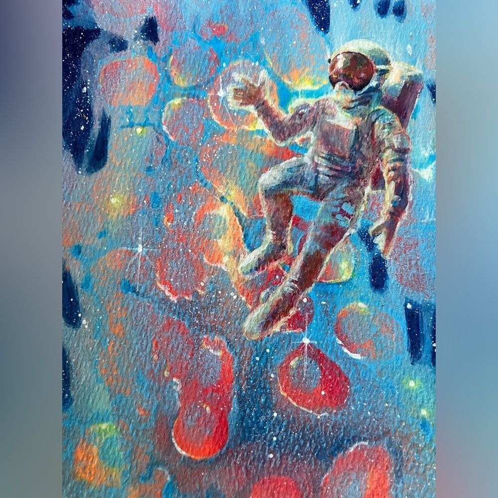 Original space Painting Astronaut galaxy art artwork UFO UAP Ooak Artettina USA